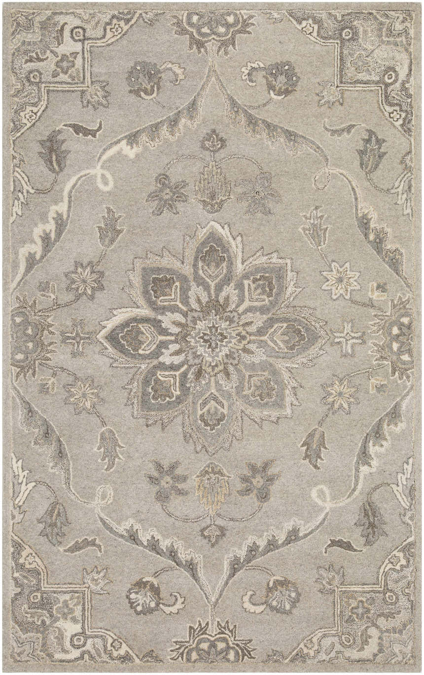 Close-up of the Peterstown Beige Wool Rug featuring a traditional floral pattern in beige, tan, and charcoal hues. Design-Rectangle