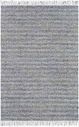 Close-up of the hand-loomed Potterspury Area Rug. Blue, cream, and gray rug with horizontal stripes and fringe detail. Design-Rectangle-576