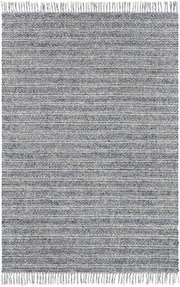 Close-up of the hand-loomed Potterspury Area Rug. Blue, cream, and gray rug with horizontal stripes and fringe detail. Design-Rectangle-576