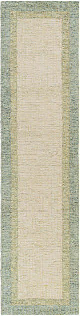 Hand tufted Pualas Area Rug in cream, dusty sage, and light beige. Wool rug with solid and striped contemporary design. Design-Runner-2610