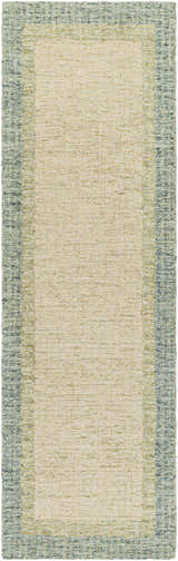 Close-up of the hand-tufted Pualas Area Rug. Cream center with dusty sage, light beige, and light olive striped border. 100% wool. Design-Runner-268