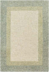 Close-up of the hand-tufted Pualas Area Rug. Cream, dusty sage, and light beige wool rug with a solid, striped contemporary design. Design-Rectangle-576