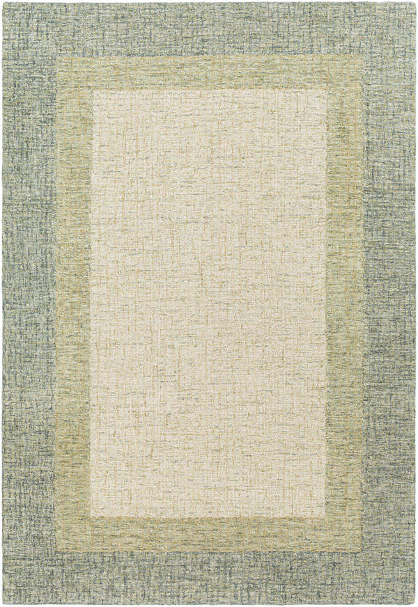 Close-up of the hand-tufted Pualas Area Rug. Cream, dusty sage, and light beige wool rug with a solid, striped contemporary design. Design-Rectangle-576
