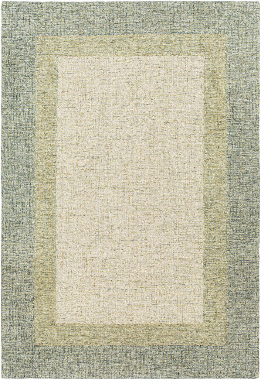 Close-up of the hand-tufted Pualas Area Rug. Cream, dusty sage, and light beige wool rug with a solid, striped contemporary design. Design-Rectangle-576