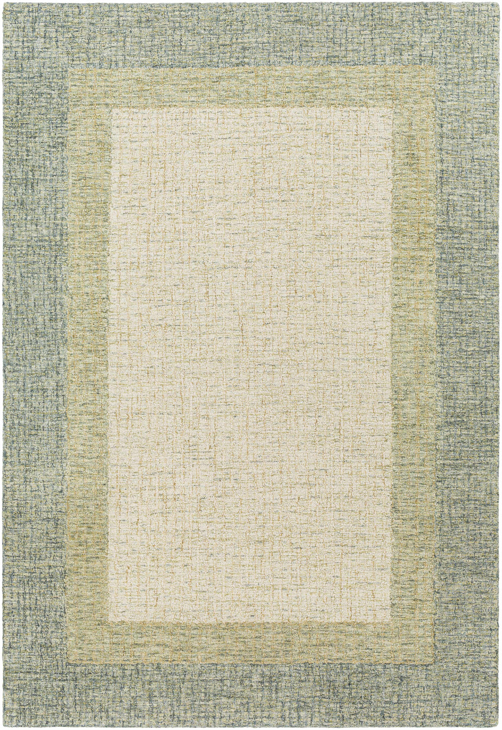 Close-up of the hand-tufted Pualas Area Rug. Cream, dusty sage, and light beige wool rug with a solid, striped contemporary design. Design-Rectangle-576