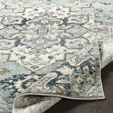 Close-up of the Pukwana Area Rug, showcasing its traditional, blue, gray, and white Oriental-inspired pattern and soft texture. Fold