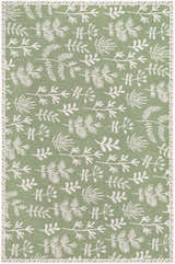 Close-up of the Pulteney Area Rug. Cream leaf pattern on an olive green vinyl rug. Contemporary style. Design-Rectangle-23