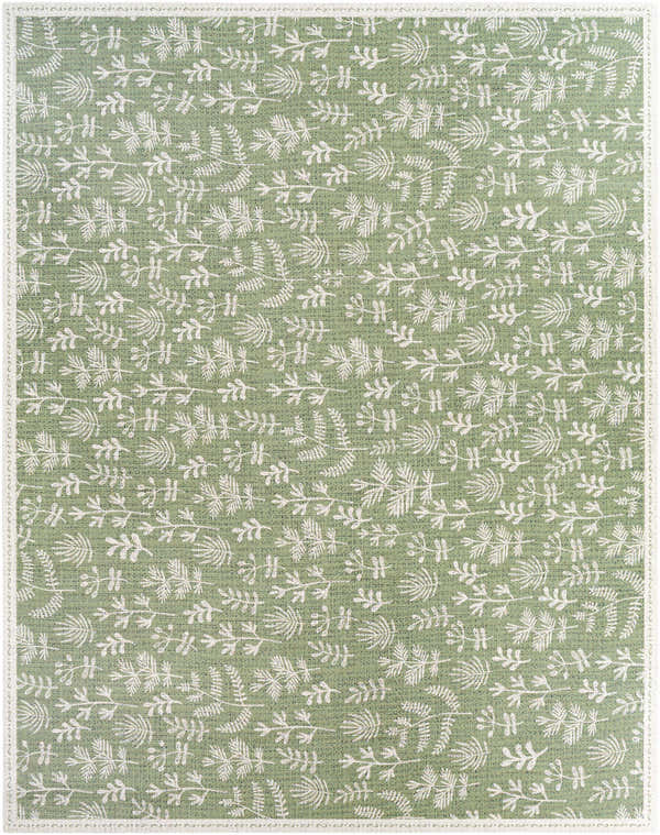 Close-up of the Pulteney Area Rug. Cream botanical pattern on an olive green vinyl rug. Machine woven. Design-Rectangle