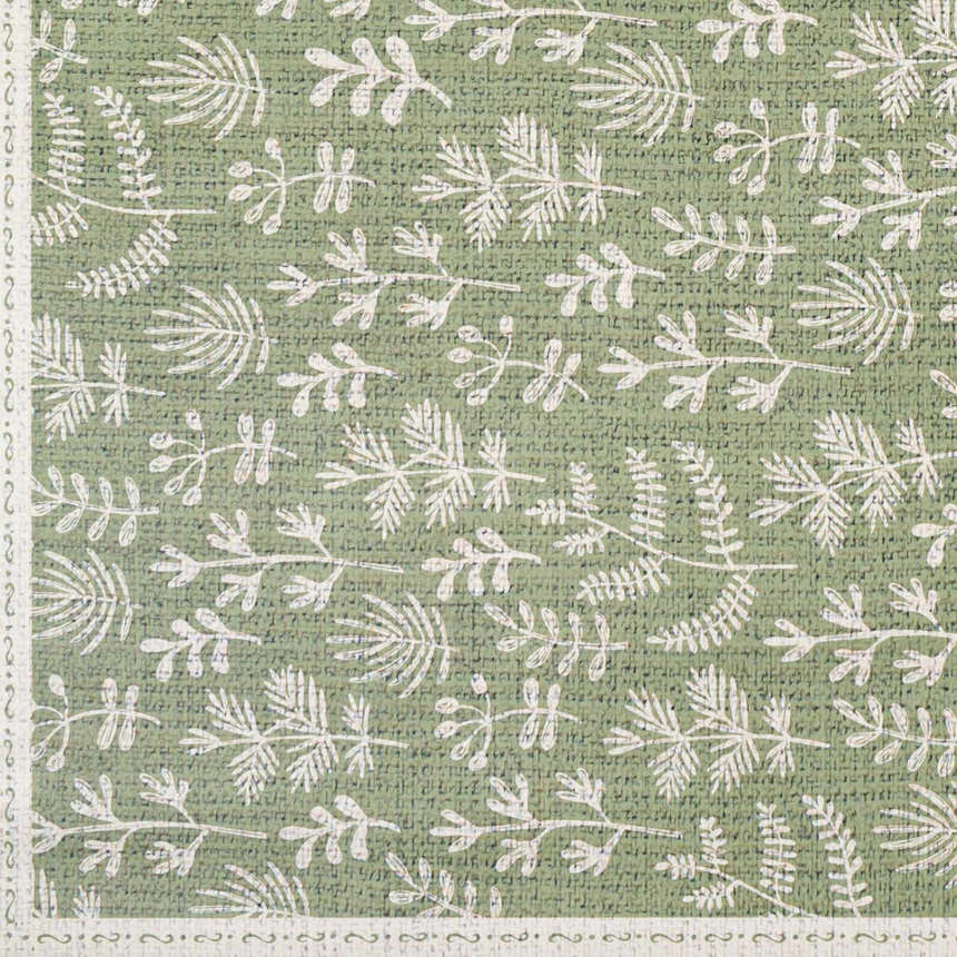 Close-up of Pulteney Area Rug. Cream leaves pattern on olive green vinyl. Contemporary style rug. Swatch