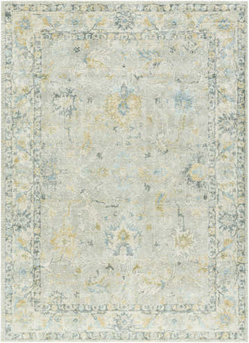 Close-up of the Ahmaud Beige Thick Luxe Area Rug. Features a traditional floral pattern in beige, gray, and pale blue. Design-Rectangle-6792