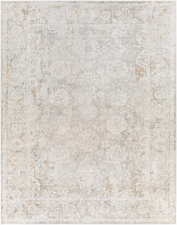 Close-up of the Pyote Textured Luxe Area Rug, featuring a distressed traditional pattern in brown, gray, and off-white hues. Design-Rectangle-71010