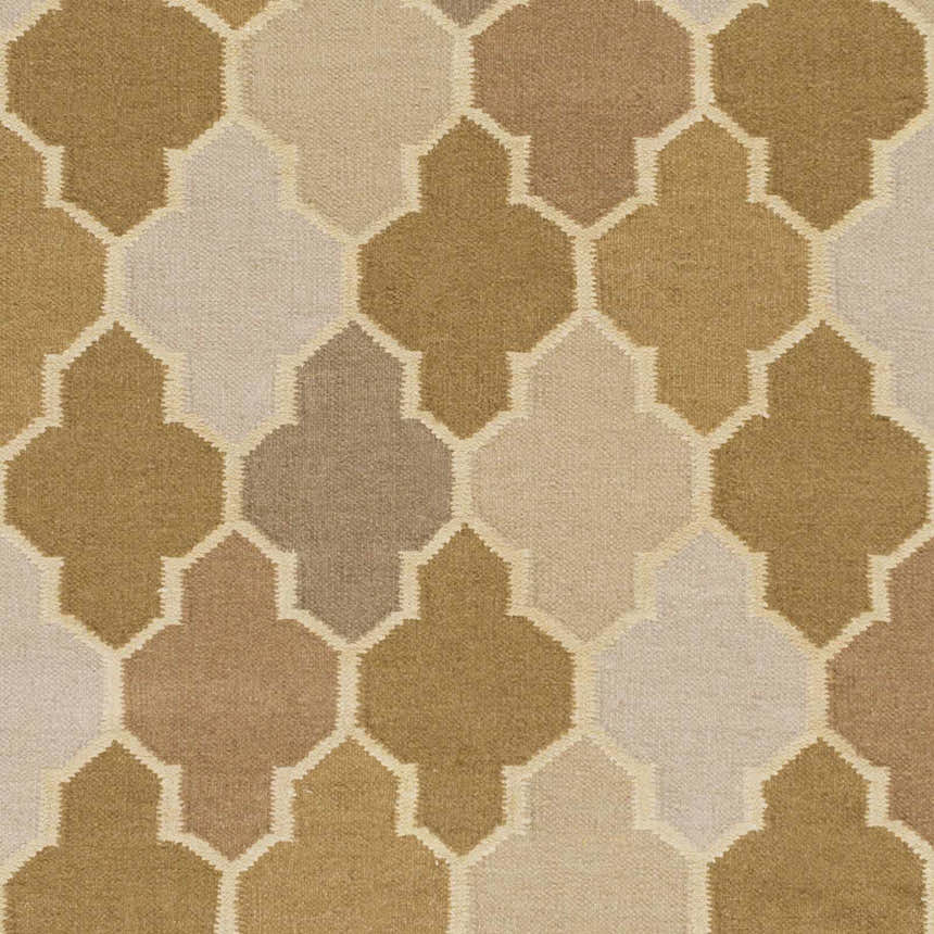 Close-up of the Quebeck Area Carpet. Hand woven wool rug with a quatrefoil pattern in cream, tan, brown, and gray. Swatch