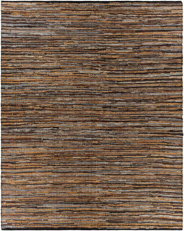 Close-up of a hand woven leather rag rug. Features brown, dark brown, dark red, medium gray, and tan colors. Design-Rectangle