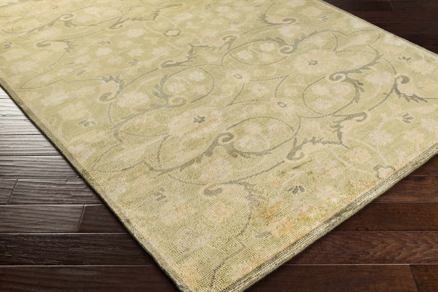 Close-up of the Raceland Area Carpet. Hand-knotted wool rug in beige, light olive, and mustard on dark wood flooring. Corner