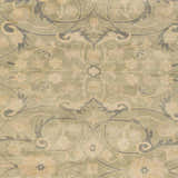 Close-up of the Raceland Area Carpet. Hand-knotted wool rug in beige, light olive, and mustard with a traditional floral pattern. Swatch