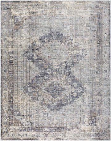 Distressed Randalia Area Rug with a vintage, oriental design in gray, brown, and ivory tones. Design-Rectangle-710103