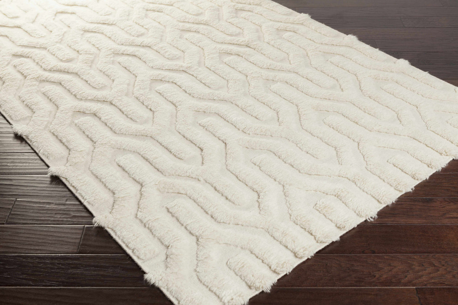 Close up of a cream Ransom Area Rug showing the shag texture and geometric pattern. Corner