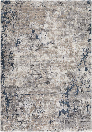 Close-up of the Ratho Rock Pattern Thick Rug. Abstract design in black, charcoal, blue, gray, ivory, and tan. Design-Rectangle-5373