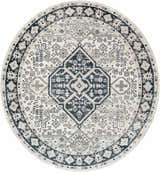 Close-up of a round Cabacungan Cream & Gray Washable Area Rug with an oriental, traditional design in cream, gray, and black. Design-Round-67