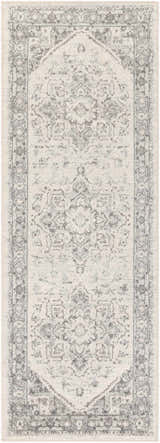 Close-up of Rockfall Area Rug with traditional gray and light beige oriental pattern and machine woven texture. Design-Runner-2773