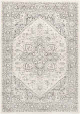 Close-up of the Rockfall Area Rug. Charcoal, gray, and beige traditional oriental rug with a detailed, ornate pattern. Design-Rectangle-5373