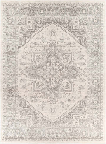 Close-up of the Rockfall Area Rug. Traditional oriental pattern in charcoal, gray, light beige, and medium gray. Design-Rectangle-710103