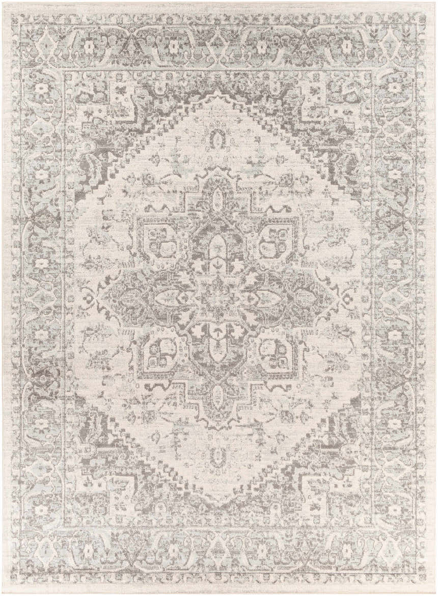 Close-up of the Rockfall Area Rug. Traditional oriental pattern in charcoal, gray, light beige, and medium gray. Design-Rectangle-710103