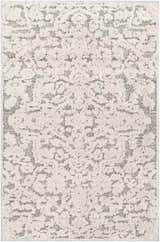 Close up of the Rockeagle Area Rug, a beige and charcoal traditional rug with a textured, abstract pattern. Design-Rectangle-100152