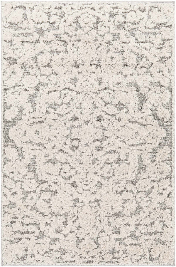 Close up of the Rockeagle Area Rug, a beige and charcoal traditional rug with a textured, abstract pattern. Design-Rectangle-100152