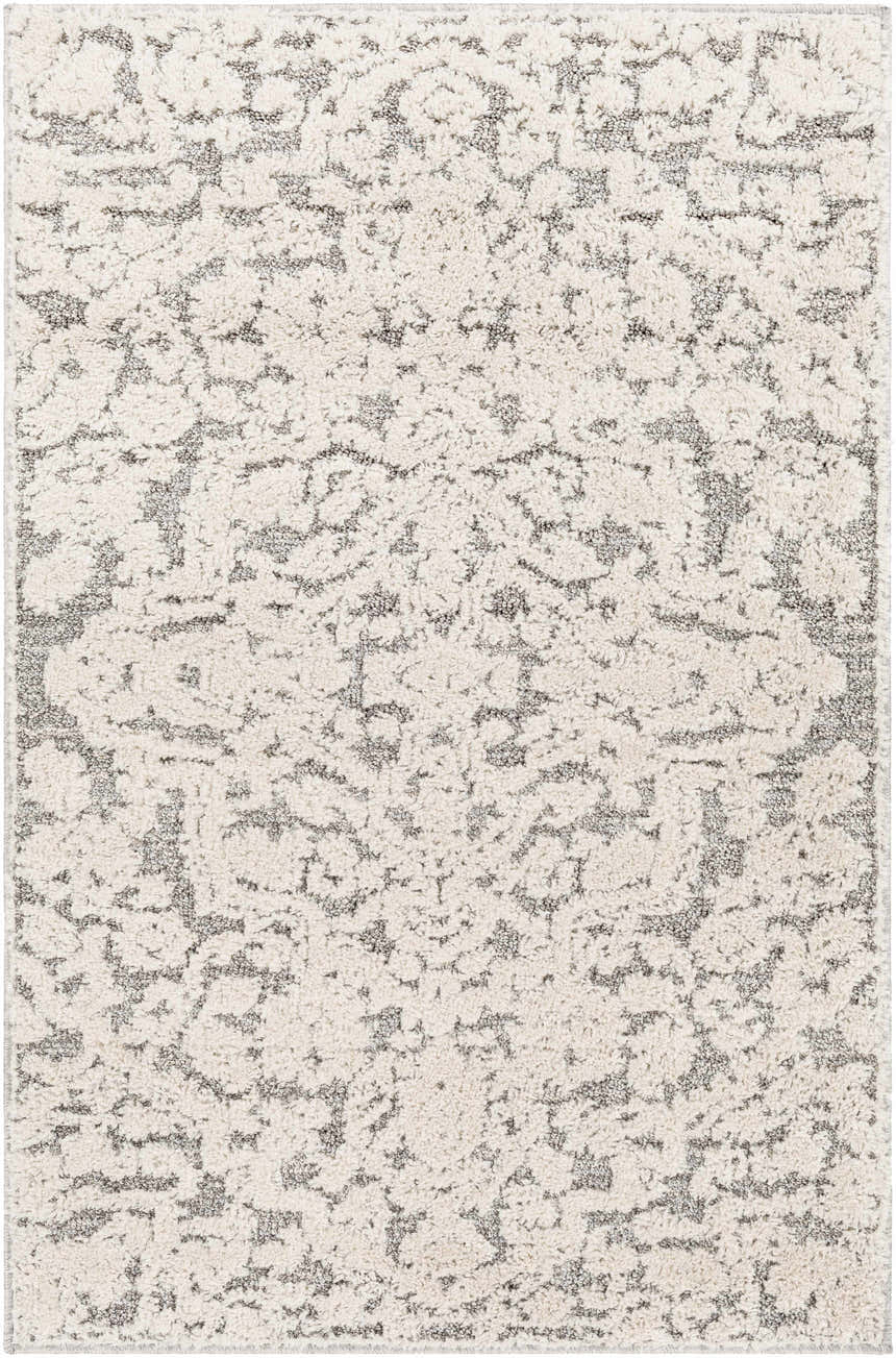 Close up of the Rockeagle Area Rug, a beige and charcoal traditional rug with a textured, abstract pattern. Design-Rectangle-100152