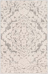 Close-up of the Rockeagle Area Rug: a machine-woven, rectangular rug in beige and charcoal with a traditional, oriental-inspired pattern. Design-Rectangle-23