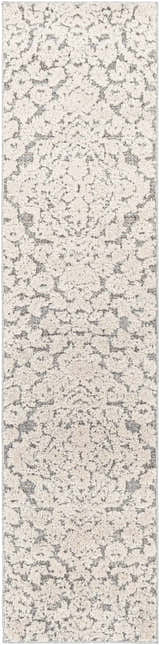 Close-up of the Rockeagle Area Rug's beige and charcoal abstract pattern. Machine-woven, 100% Polypropylene rug. Design-Runner
