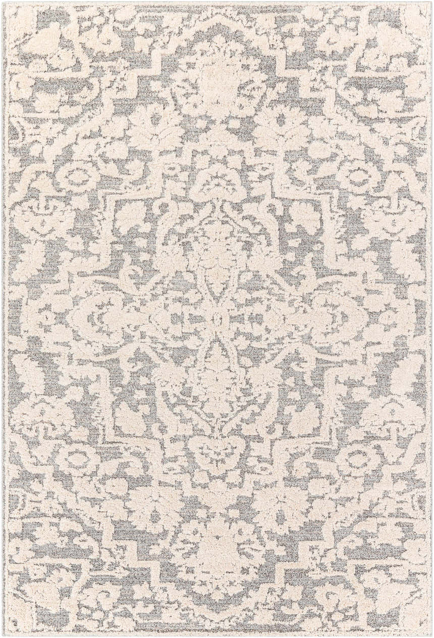 Close-up of the Rockeagle Area Rug: beige and gray traditional pattern, machine woven polypropylene. Design-Rectangle-6796
