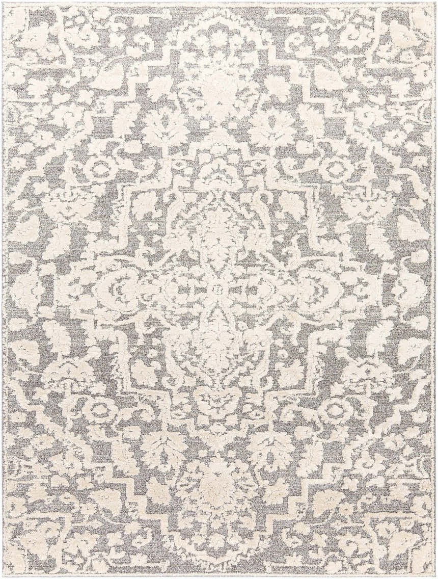 Close-up of the Rockeagle Area Rug. Beige and gray with a traditional, floral-inspired pattern. Machine woven texture. Design-Rectangle-71713