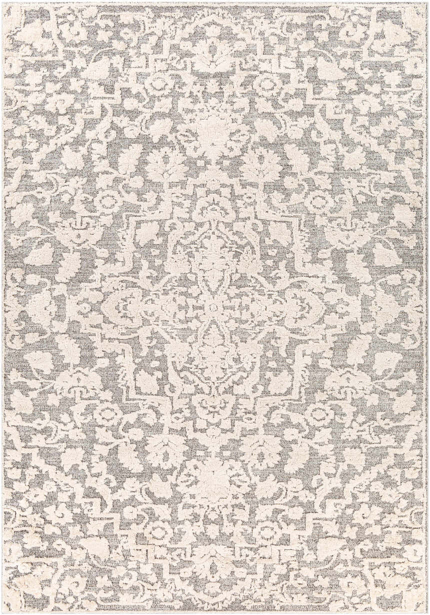 Close-up of the Rockeagle Area Rug. Beige and gray traditional pattern. Bohemian style. Machine woven. Design-Rectangle-913