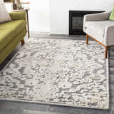 Living room scene with a Rockeagle Area Rug in beige, cream, and gray, styled with a green sofa and gray armchair. Roomscene-Rectangle