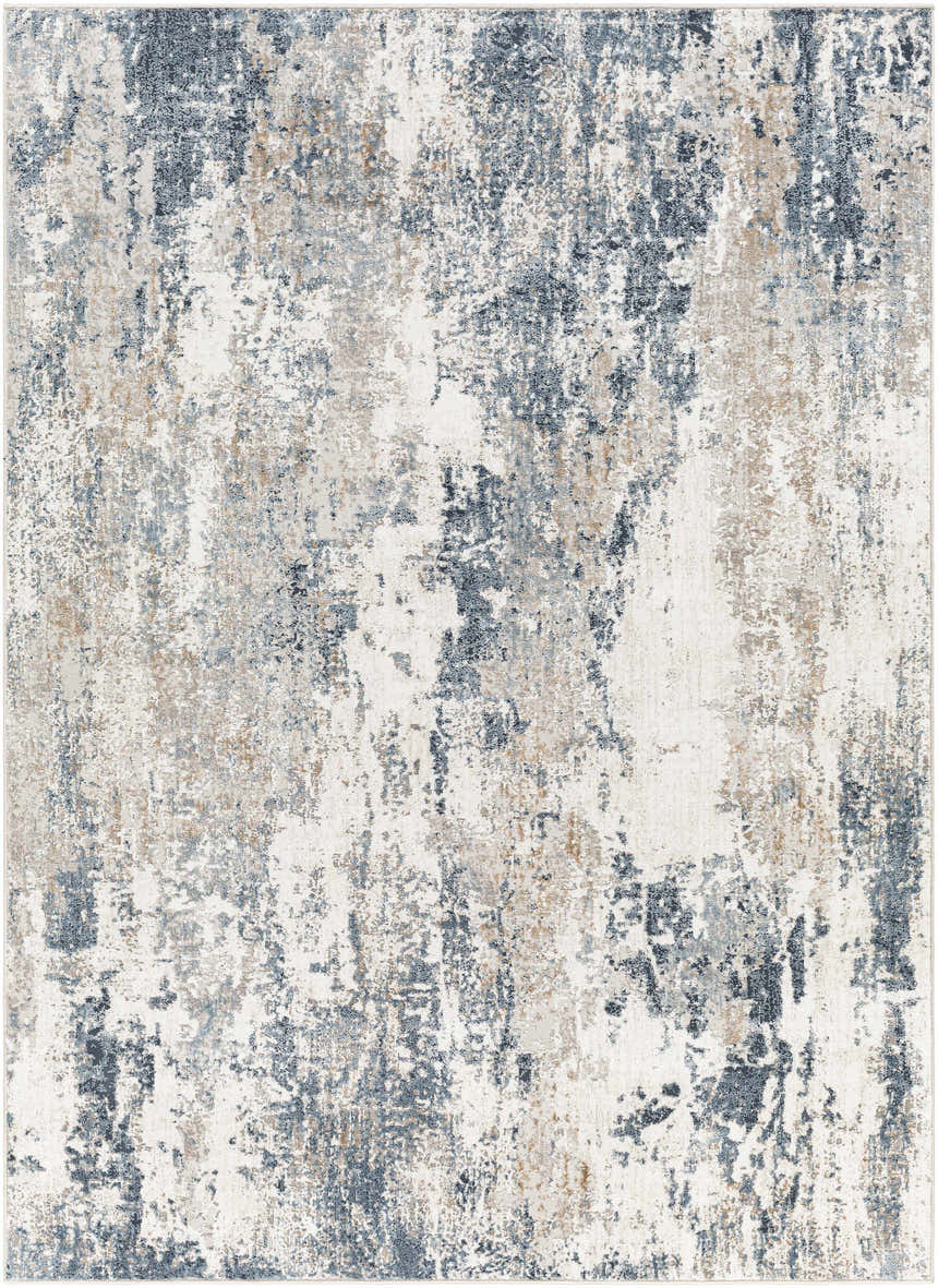 Close-up of the Ord Area Rug featuring a contemporary abstract design in dark gray, denim, ivory, and tan. Design-Rectangle-537