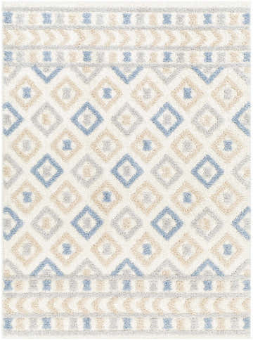 Close-up of the Eivin Pink & Blue Area Rug featuring a geometric diamond pattern in light blue, gray, and beige. Shag texture. Design-Rectangle-537