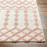 Close-up of Darva Pink Plush Area Carpet showing the shag texture and bohemian diamond pattern on wood floors. Front