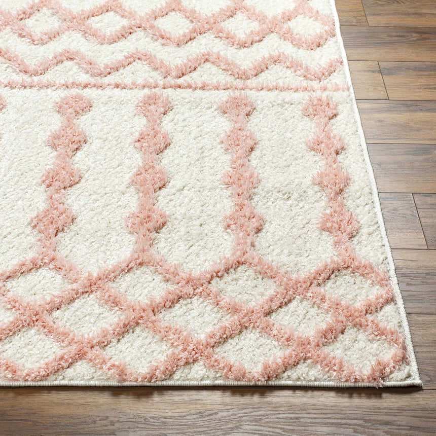 Close-up of Darva Pink Plush Area Carpet showing the shag texture and bohemian diamond pattern on wood floors. Front