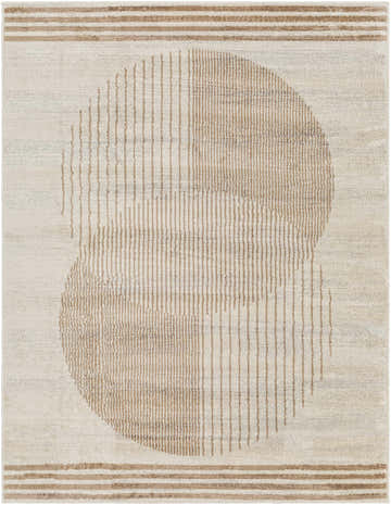 Close-up of Zeke Geometric Nutmeg Rug, featuring a contemporary circle and stripe pattern in nutmeg and lambswool tones. Design-Rectangle-537