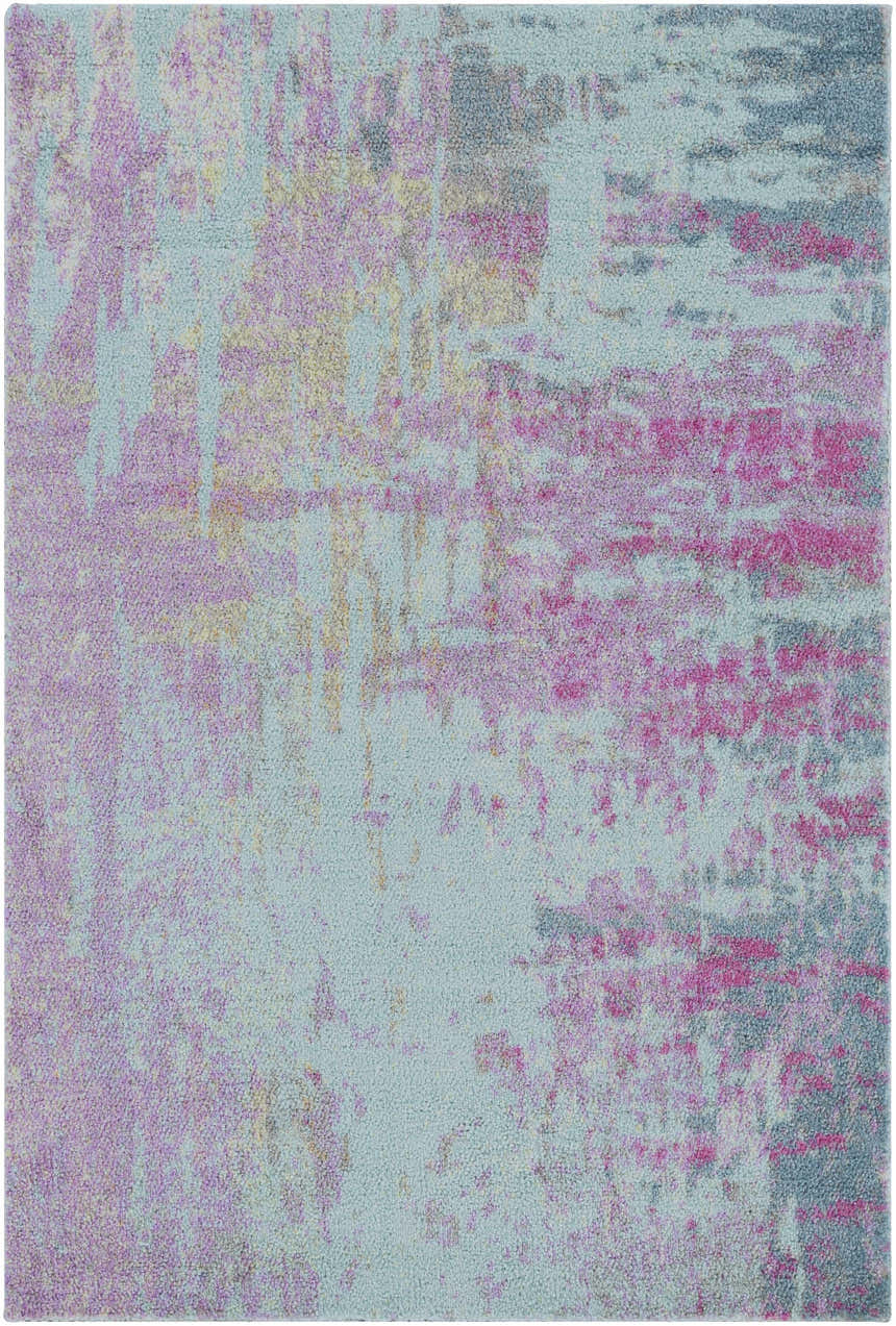 Close-up of the Redland Colorful Abstract Rug. Features aqua, lavender, magenta, and gray hues in a contemporary design. Design-Rectangle-23