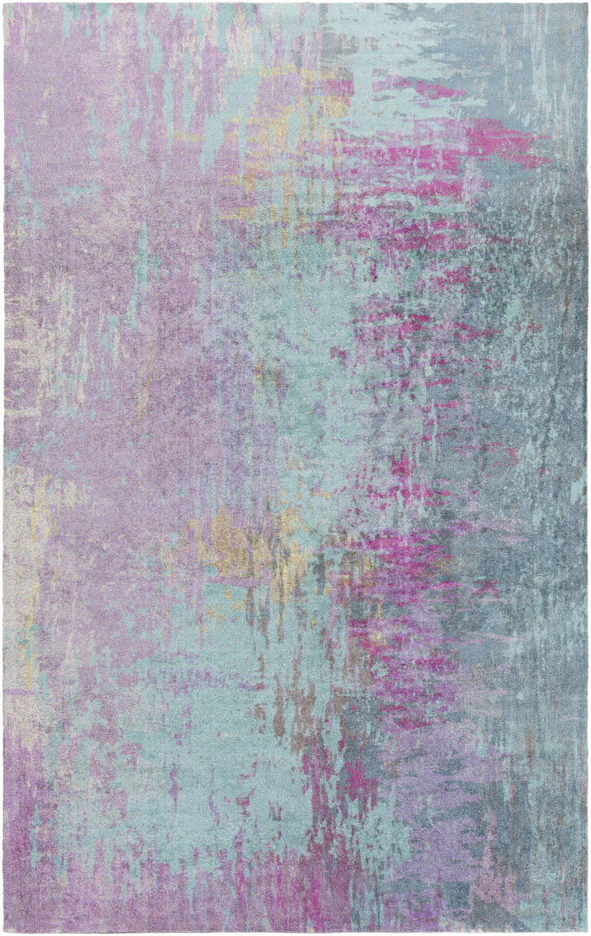 Close-up of the Redland Colorful Abstract Rug. Features aqua, lavender, magenta, sage, and gray hues. Design-Rectangle-576