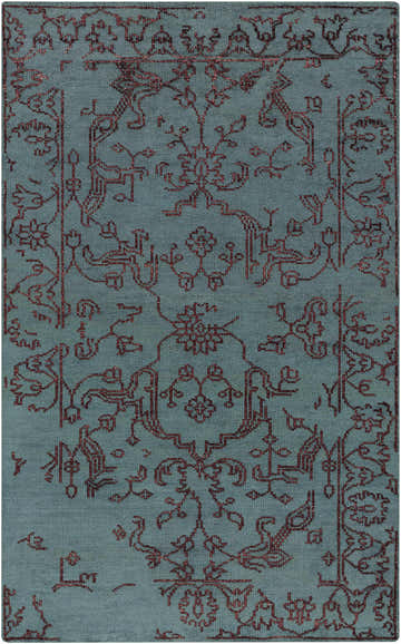 Close-up of the Redvale Area Rug. Hand-knotted wool and viscose rug in teal with a burgundy, transitional-style pattern. Design-Rectangle-58