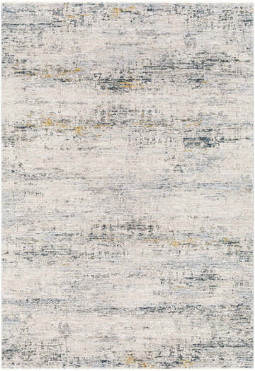 Close-up of the Rendlesham Luxe Rug. Cream rug with abstract pattern in dusty sage, gray, light gray, mustard, and teal. Design-Rectangle-575