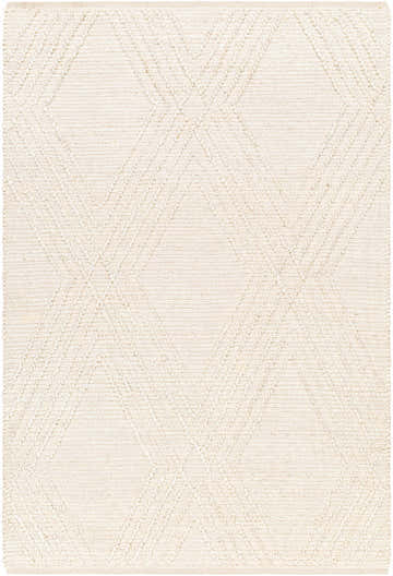 Close-up of the Renz Area Rug, a hand-woven jute rug with a subtle diamond pattern in natural beige tones. Design-Rectangle-576