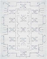 Close-up of the Rider Area Rug. Hand-tufted 100% wool rug in light silver, off white, and white with a contemporary geometric design. Design-Rectangle-810