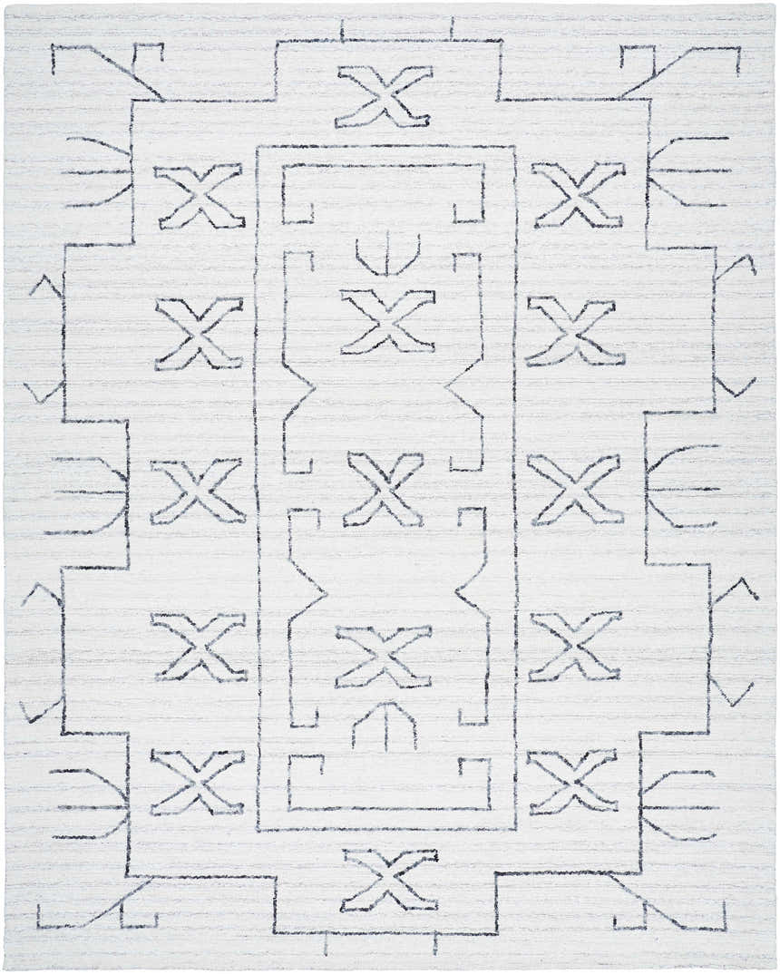 Close-up of the Rider Area Rug. Hand-tufted 100% wool rug in light silver, off white, and white with a contemporary geometric design. Design-Rectangle-810