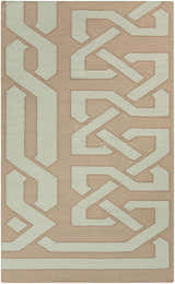 Close-up of the Rhodell Area Rug, a hand-woven wool rug with a geometric pattern in gray, light beige, and seafoam. Design-Rectangle-58