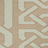 Close-up of the Rhodell Area Rug. Hand-woven wool rug with a geometric pattern in light beige and gray. Swatch